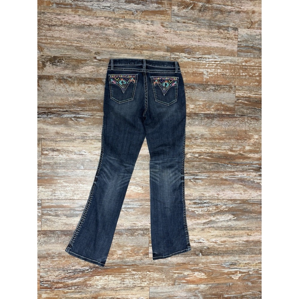 Women's Wrangler Rock 47 Blue Jeans Size 28 / 34" Inseam Colorful Pocket - Picture 3 of 11